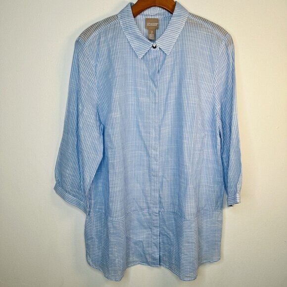 Chico’s Size‎ 2 12/14 Blue Button Shirt Top Blouse 3/4 Sleeve Sheer Stripe - Picture 1 of 9